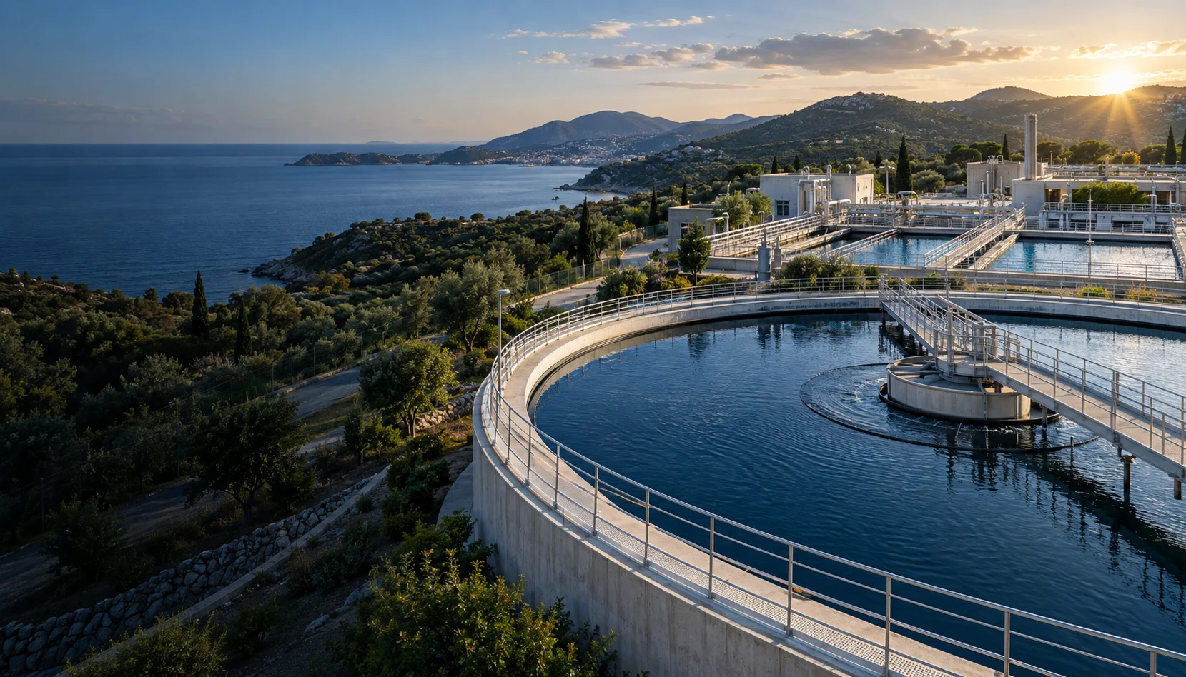 Vista illustrativa di un impianto di trattamento delle acque in un paesaggio mediterraneo
